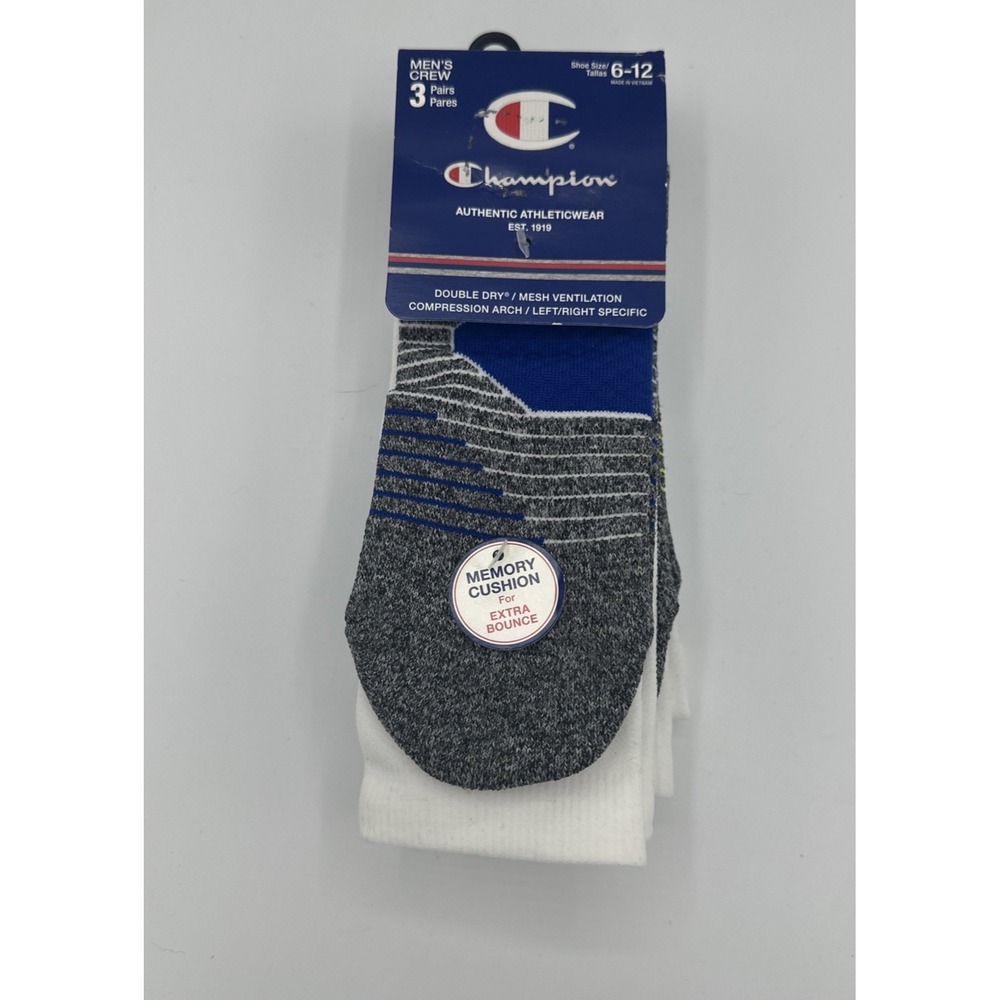 Champion White Blue Crew Socks 3 Pack Men's Double Dry Wicking Shoe Size 6-12